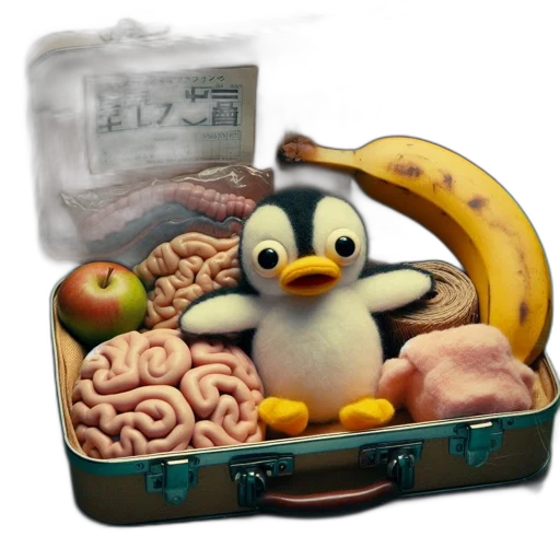 food, concept art, 3d render, vintage, suitcase, scratched, corners, reveals transparent PNG cut-out