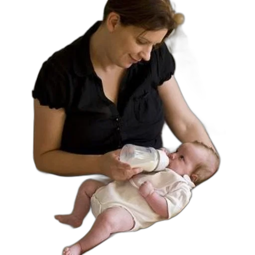 photorealistic, woman, black, shirt, feeds, baby, bottle, while transparent PNG cut-out