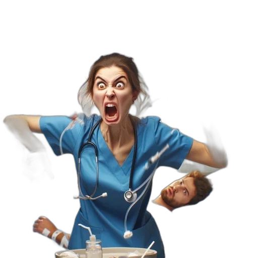 staff, food, concept art, disheveled, woman, medical, scrubs, struggles transparent PNG cut-out
