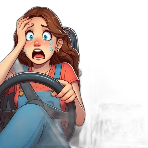 car, concept art, cartoon, comic book art, photorealistic, woman, panics, holding transparent PNG cut-out