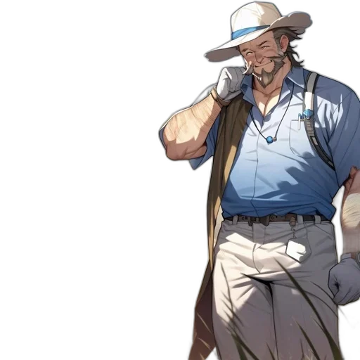 hat, staff, concept art, anime, cartoon, pixel art, earth tones, man transparent PNG cut-out