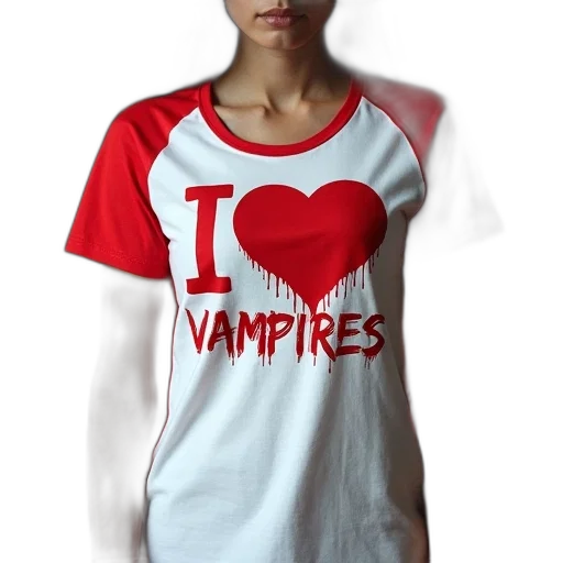 person, wearing, red, white, t-shirt, phrase, love, vampires transparent PNG cut-out