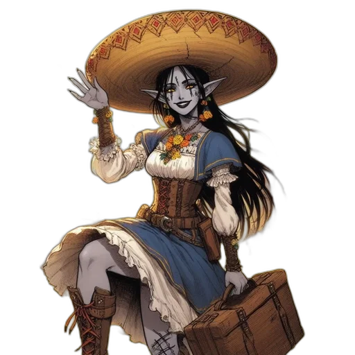 staff, hat, dress, concept art, fantasy art, comic book art, pixel art, monochrome transparent PNG cut-out