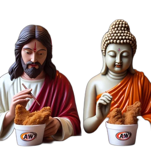 food, photorealistic, 3d render, concept art, two, statues, jesus, buddha transparent PNG cut-out