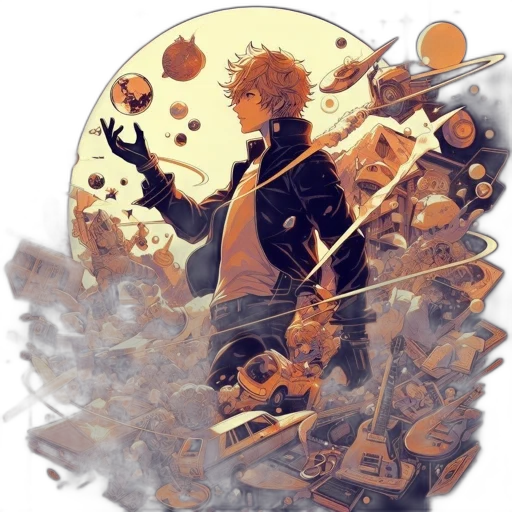 comic book art, concept art, fantasy art, pixel art, outer space, fire, underwater, golden transparent PNG cut-out