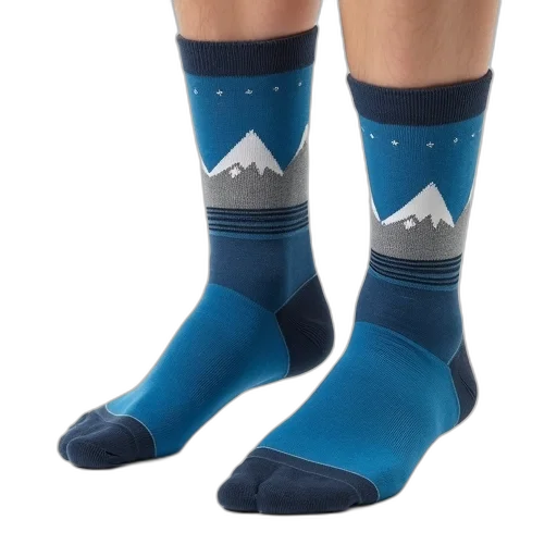 blue, pair, grey, patterned, socks, mountain, design, left transparent PNG cut-out
