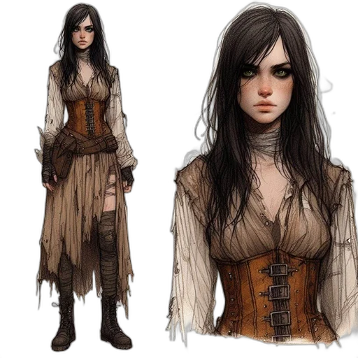 dress, concept art, fantasy art, comic book art, photorealistic, earth tones, dark, monochrome transparent PNG cut-out