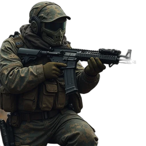 weapon, staff, mask, jacket, concept art, 3d render, photorealistic, pixel art transparent PNG cut-out