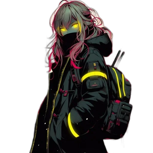 jacket, staff, weapon, mask, cyberpunk, concept art, comic book art, anime transparent PNG cut-out