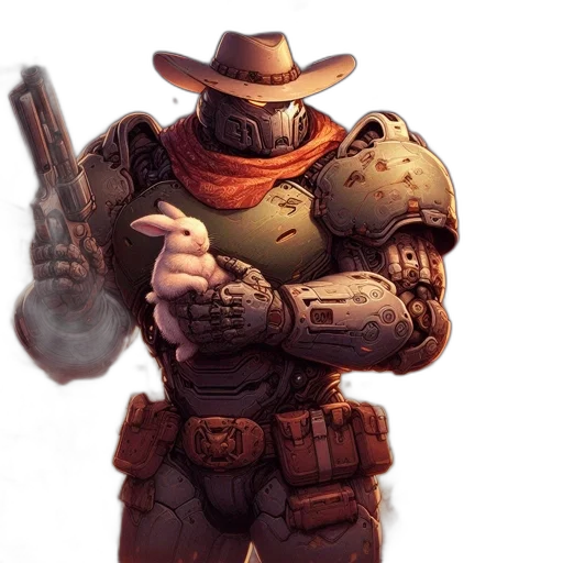 weapon, robot, hat, concept art, comic book art, fantasy art, pixel art, earth tones transparent PNG cut-out