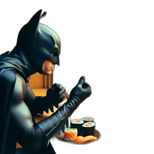 food, comic book art, concept art, 3d render, batman, sits, window, eating transparent PNG cut-out