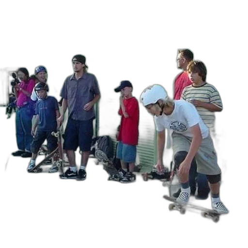 shoes, staff, 3d render, group, skateboarders, gathered, outside, building transparent PNG cut-out