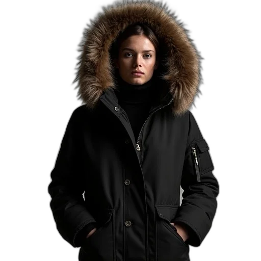 jacket, asos, parka, detzi, hood, fur, trim, black transparent PNG cut-out
