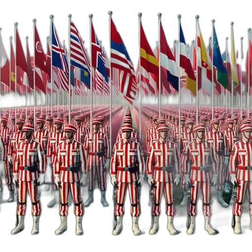 3d render, concept art, formation, soldiers, identical, red, white, striped transparent PNG cut-out