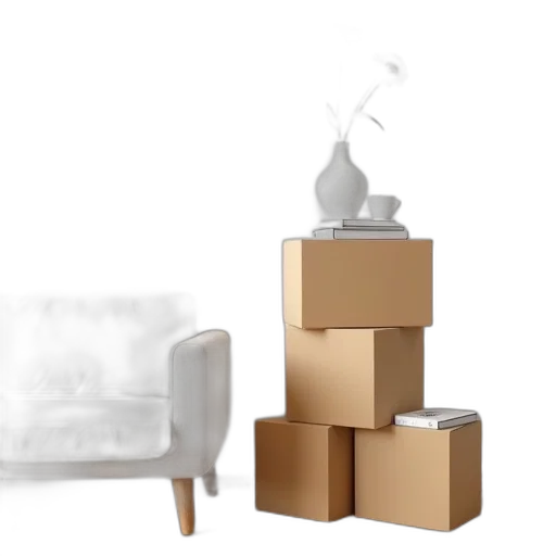 furniture, robot, 3d render, concept art, earth tones, stack, cardboard, boxes transparent PNG cut-out