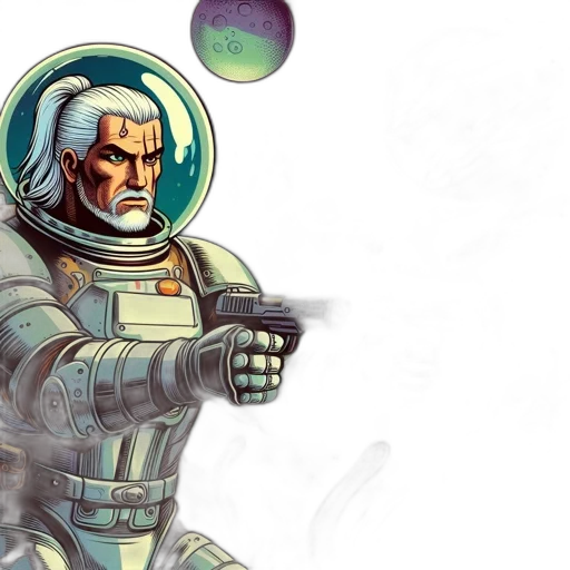 comic book art, concept art, outer space, astronaut, wields, dual, weapons, amidst transparent PNG cut-out