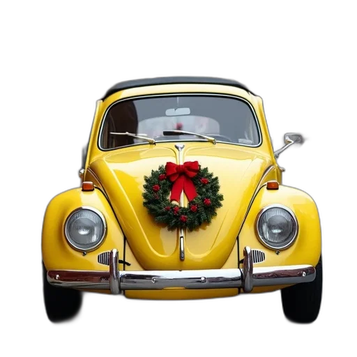 car, vintage, yellow, volkswagen, beetle, wreath, front, bow transparent PNG cut-out