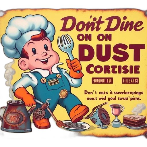 food, vintage-style, poster, features, cartoon, chef, kitchen, items transparent PNG cut-out