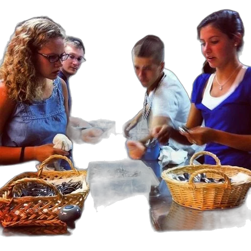 food, jewelry, photorealistic, oil painting, group, people, working, baskets transparent PNG cut-out