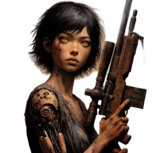weapon, concept art, cyberpunk, comic book art, photorealistic, post-apocalyptic, setting, young transparent PNG cut-out