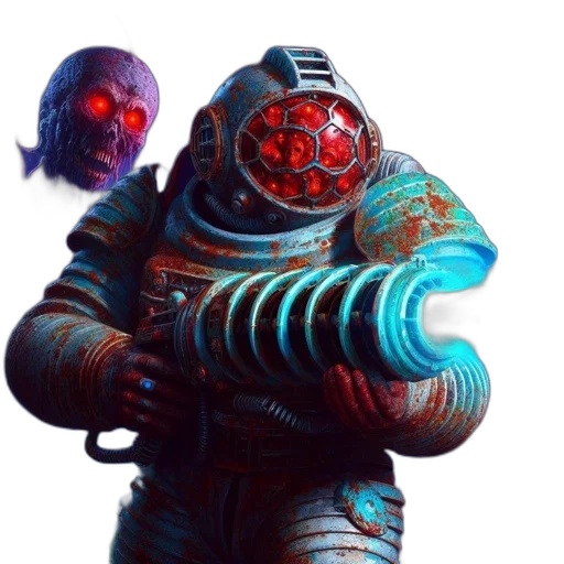 robot, weapon, staff, mask, concept art, cyberpunk, fantasy art, pixel art transparent PNG cut-out