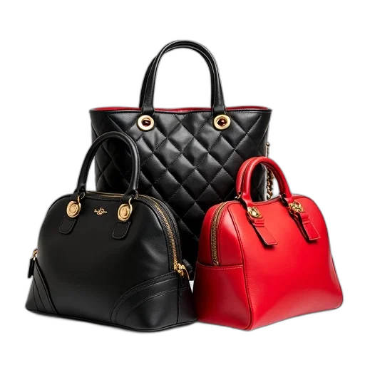 3d render, photorealistic, dark, red, collection, luxury, handbags, displayed transparent PNG cut-out