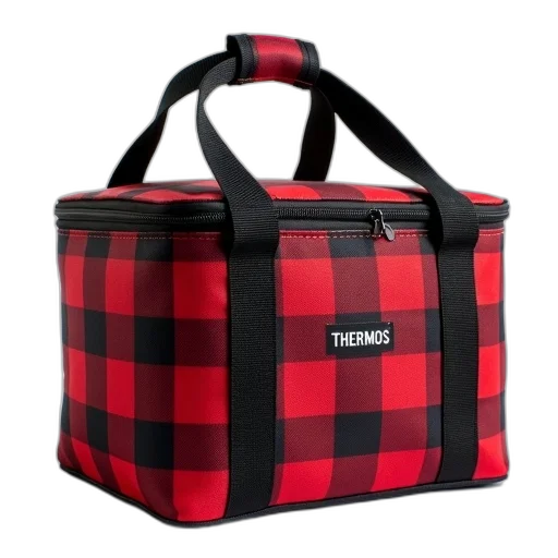 red, black, plaid, thermos, cooler, bag, handle, zipper transparent PNG cut-out
