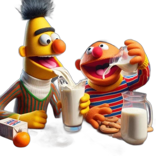 food, concept art, 3d render, bert, ernie, sesame, street, puppets transparent PNG cut-out