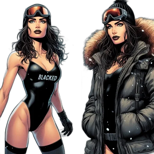 comic book art, concept art, cartoon, two, panels, depict, woman, winter transparent PNG cut-out