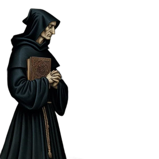 concept art, 3d render, monk, dark, robe, holds, illustrated, book transparent PNG cut-out