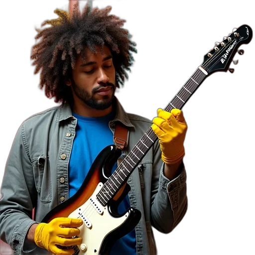staff, photorealistic, man, curly, hair, playing, electric, guitar transparent PNG cut-out