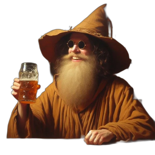 hat, staff, dragon, fantasy art, bearded, man, sunglasses, holds transparent PNG cut-out