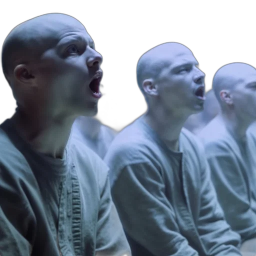 outer space, row, bald, men, green, uniforms, mouths, open transparent PNG cut-out