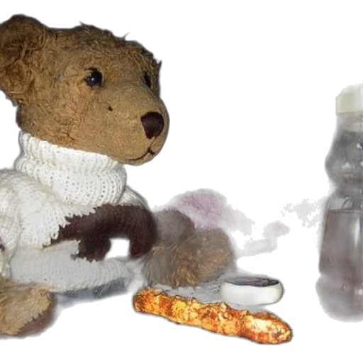 bottle, two, teddy, bears, sit, table, honey, jar transparent PNG cut-out