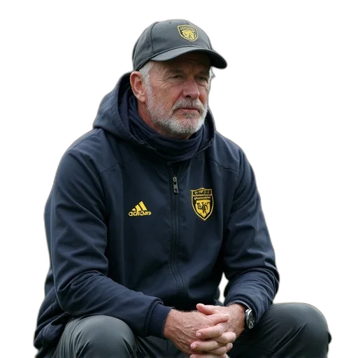hat, jacket, football, coach, shown, sitting, sidelines, during transparent PNG cut-out