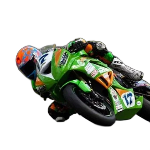 photorealistic, motorcycle, racer, green, orange, suit, leans, into transparent PNG cut-out