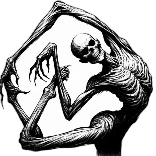 creature, concept art, comic book art, black, white, illustration, depicts, dynamic transparent PNG cut-out