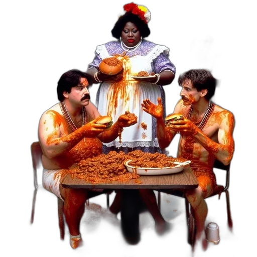 food, dress, fire, outer space, cafeteria, three, individuals, covered transparent PNG cut-out