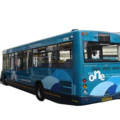 3d render, blue, one, bus, parked, street, buildings, background transparent PNG cut-out