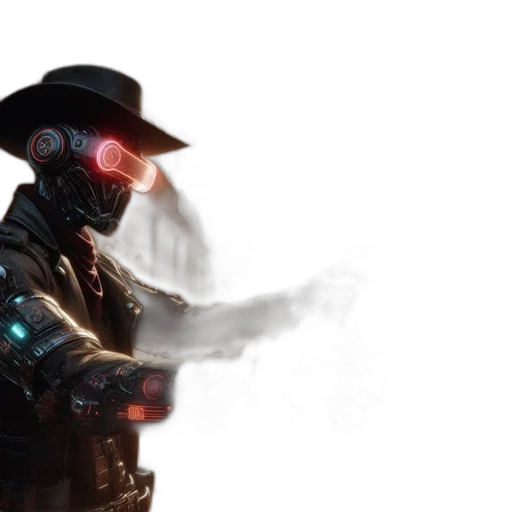 robot, weapon, hat, staff, concept art, cyberpunk, 3d render, fog transparent PNG cut-out