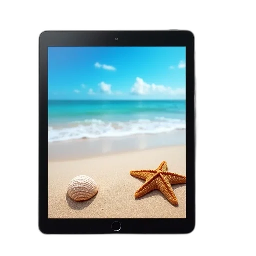 beach, tablet, black, screen, displaying, scene, starfish, seashell transparent PNG cut-out