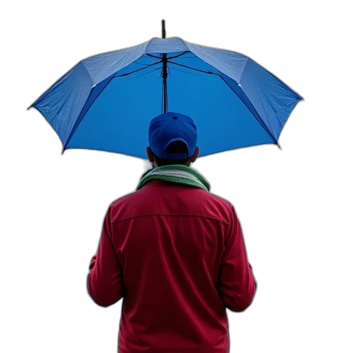 umbrella, hat, jacket, staff, photorealistic, rain, blue, person transparent PNG cut-out