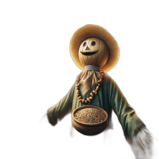 staff, hat, mask, robot, 3d render, concept art, scarecrow, featuring transparent PNG cut-out