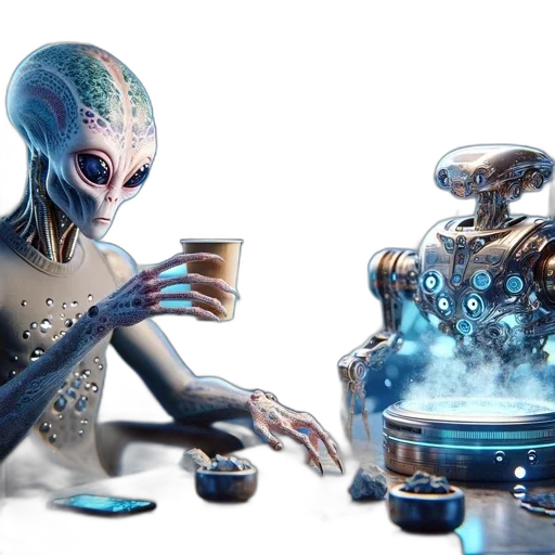 robot, creature, concept art, 3d render, fantasy art, outer space, underwater, fire transparent PNG cut-out