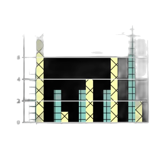 building, concept art, 3d render, pixel art, monochrome, bar, chart, two transparent PNG cut-out