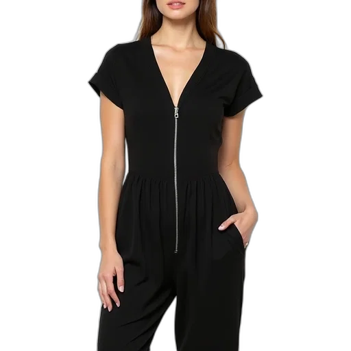 jacket, black, modern, jumpsuit, v-neckline, short, sleeves, fitted transparent PNG cut-out