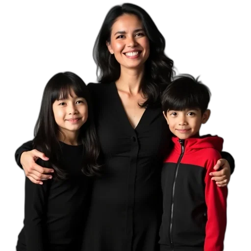 dress, woman, black, standing, two, children, one, each transparent PNG cut-out