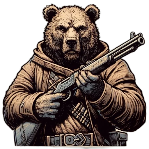 weapon, animal, comic book art, pixel art, concept art, anthropomorphic, bear, dressed transparent PNG cut-out