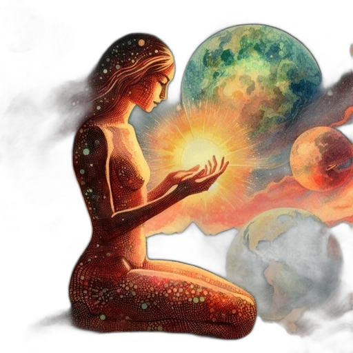 concept art, fantasy art, watercolor, outer space, fire, ethereal, figure, holds transparent PNG cut-out