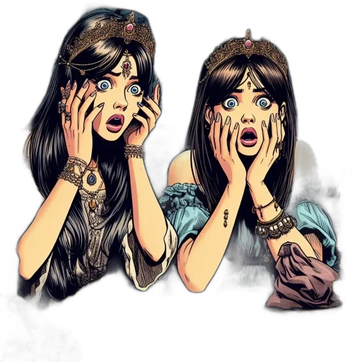 jewelry, cartoon, comic book art, photorealistic, concept art, two, women, shocked transparent PNG cut-out